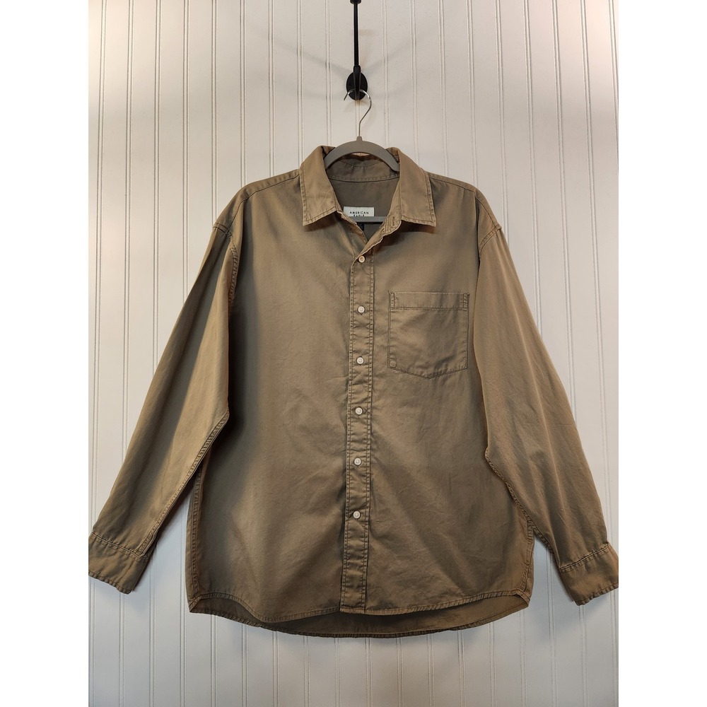American Eagle Mens Relaxed Fit Button Down Shirt Khaki Tan Cotton Twill Size M